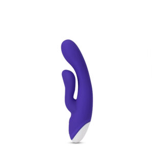 Vibrator has a slim and slightly curved shaft and a shorter broad and flexible external arm for clit stimulation. Two button control to adjust intensity. 