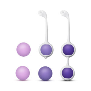 Set of 6 separate silicone Kegel balls. Two lavender, two purple, two dark purple. Each color has a different weight. Includes 2 white silicone girdles, one to hold a single ball and one to hold two balls, for a total of 9 possible weight combinations. Girdles have a flexible tail for easy retrieval.