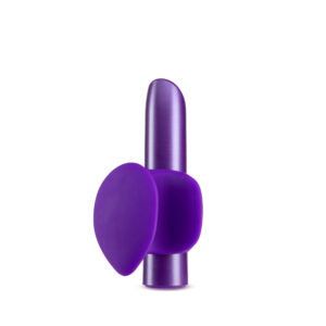 A dark purple rechargeable bullet with straight cylinder body and angled tip with a removable purple silicone finger fin sleeve. Sleeve slides onto the middle of the vibrator and fits comfortably between two fingers. Two buttons at the bottom of the bullet adjust intensity. (Gift giving guide)